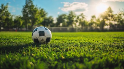 Fototapeta premium Soccer Ball on a Lush Grass Field with Green Trees and Bright Sunshine