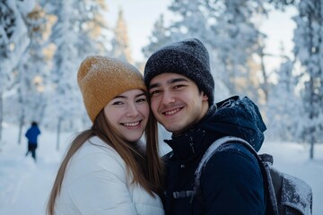 Fototapeta premium A couple wearing winter hats and smiling in the snow. The man is wearing a blue jacket and the woman is wearing a white jacket