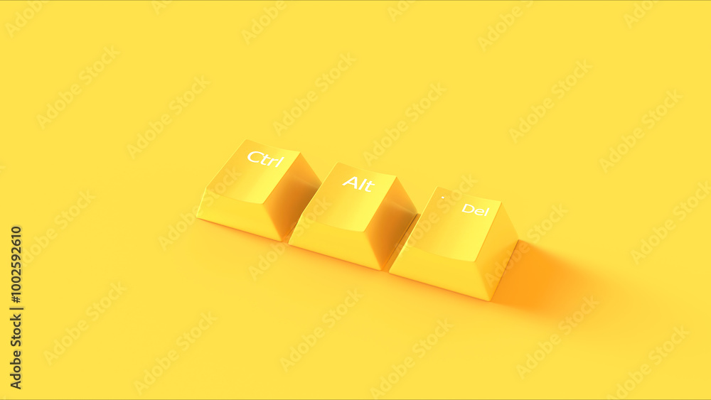 Poster yellow ctrl alt del keyboard keys text sign vivid monochrome background 3d illustration render