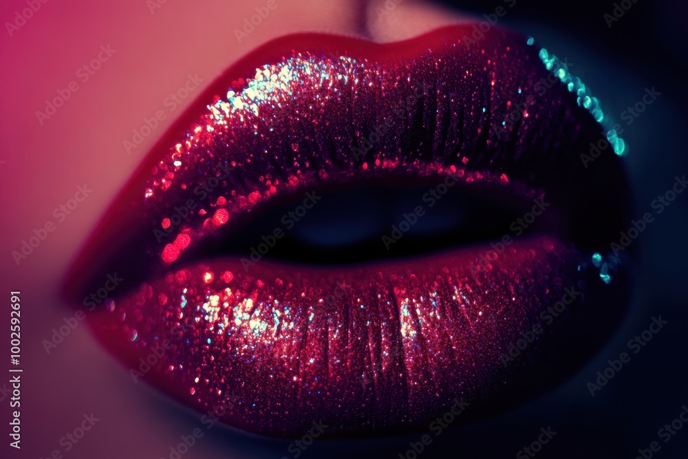 Aufkleber A close-up view of vibrant glossy lips with a shiny finish illuminated under soft lighting at an evening gathering. Generative AI