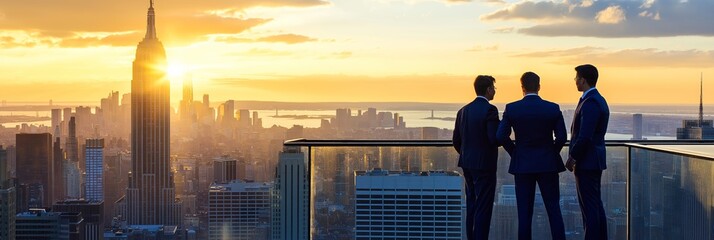 Obraz na płótnie Canvas Three men in suits are standing on a balcony overlooking the city. The sun is setting, casting a warm glow over the skyline. The men are looking out over the city, taking in the view