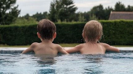 Rear view of joyful children splashing water in the pool on a sunny day, capturing the essence of summer fun and happiness in a vibrant outdoor setting