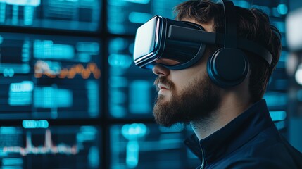 A man experiences virtual reality with a headset, surrounded by digital interfaces and data analytics.