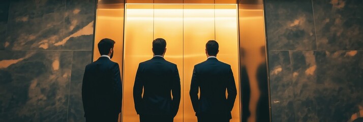 Three men in suits standing in front of an elevator. Scene is professional and formal