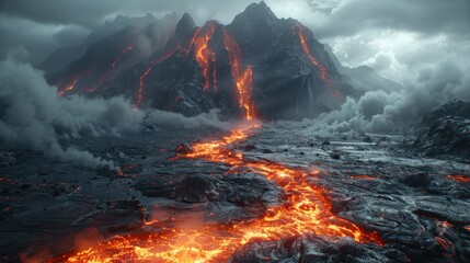 A dramatic volcanic landscape of the planet Mustafar, with rivers of lava flowing and dark, jagged rocks