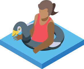 Fototapeta premium Young girl is enjoying her time in the water, floating on a fun penguin shaped inflatable ring