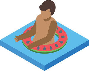 Isometric icon of a man relaxing on a watermelon inflatable ring in a swimming pool