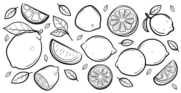 Ensemble de citrons sous diff&eacute;rents angles - Illustrations dessin&eacute;es &agrave; la main d'aliments - Fruits vitamin&eacute;s et feuilles - Morceau, demi citron ou quartier de citron jaune ou vert - Traits