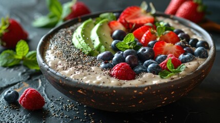 A detailed image of a keto-friendly smoothie bowl with a base of avocado and coconut milk, topped with chia seeds, shredded coconut, and berries