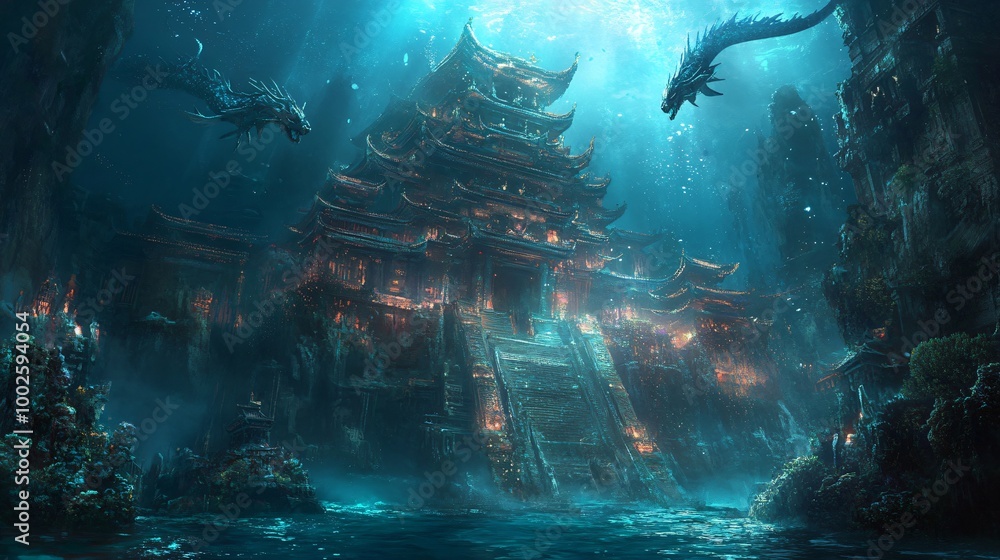 Wall mural Underwater temple with two dragons illuminated by light