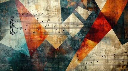 High-res photo of geometric shapes and handwritten music notes interweaving on a canvas, creating an artistic blend of sound and design.