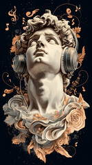 Statue with Headphones Surrounded by Ornate Elements
