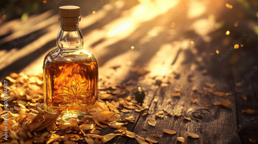 Poster a close-up view of a whiskey bottle surrounded by autumn leaves, captured in warm sunlight during an