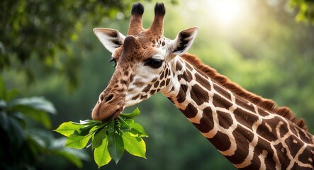 Obraz premium A gentle giraffe munching on leaves under the soft sunlight in a rich green jungle