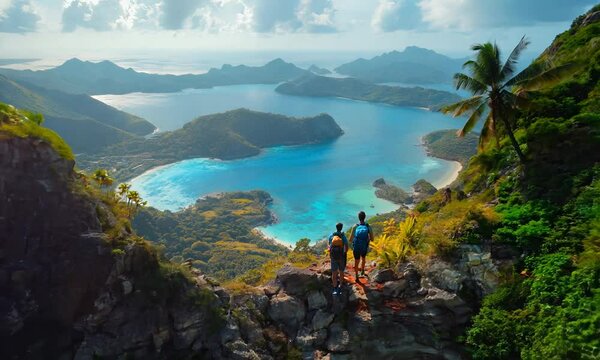 Adventurers hiking up a tropical mountain trail with panoramic views of the ocean and islands below. . Video