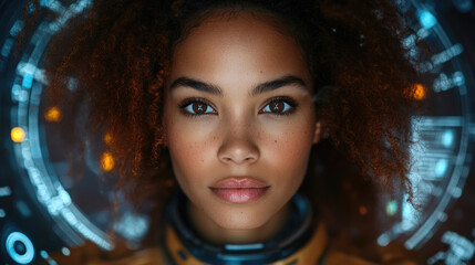 The young woman gazes confidently at the viewer, immersed in an advanced technology environment that hints at deep space exploration