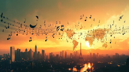 A high-res image of music notes and world landmarks, symbolizing the global connection through sound on International Music Day.