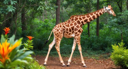 Obraz premium A vibrant spotted giraffe strolling through a dense forest with bright flora around