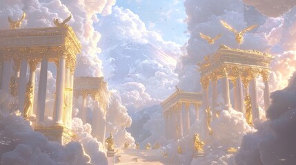 Majestic Mount Olympus: Ancient Temples, Golden Statues, and Mythical Creatures Soaring in the Clouds