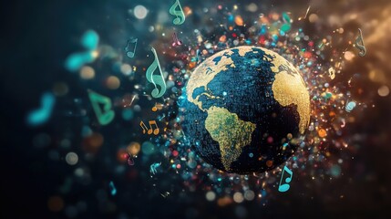 Bright music notes emerging from a globe, symbolizing the global celebration of music and its universal impact for International Music Day.