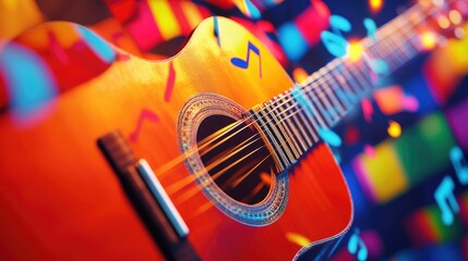 Fototapeta premium Close-up of a guitar with floating music notes and an international flag backdrop, celebrating the global celebration of music.