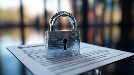 Silver padlock on top of document, dark blurred background