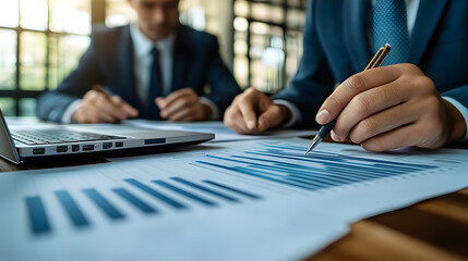 Group of professionals collaborating on a business expansion plan, using charts and laptops