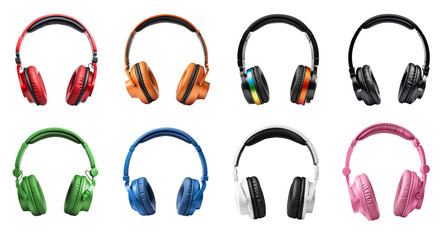 Collection of colorful headphones isolated on transparent background