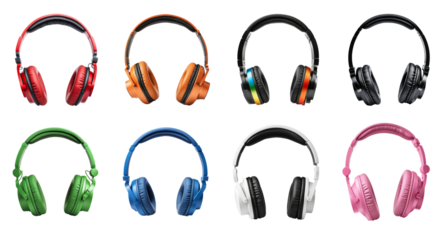 Collection of colorful headphones isolated on transparent background