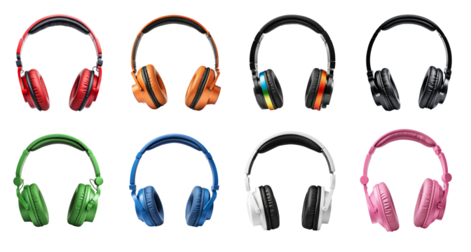 Collection of colorful headphones isolated on transparent background