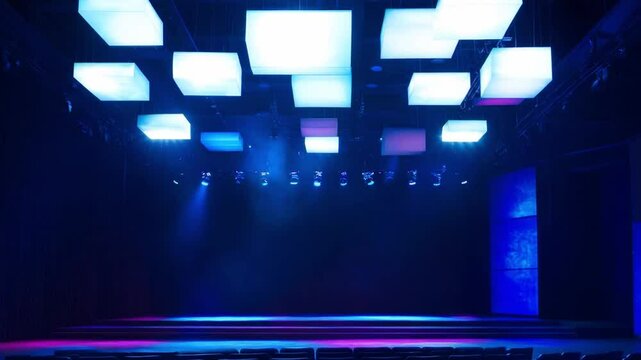 Modern stage setup with colorful lighting and geometric design in performance venue during theatrical event preparation