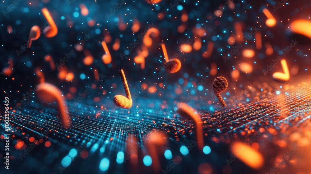 Poster futuristic digital image of 3d music notes floating in a glowing matrix of lights and patterns, repr