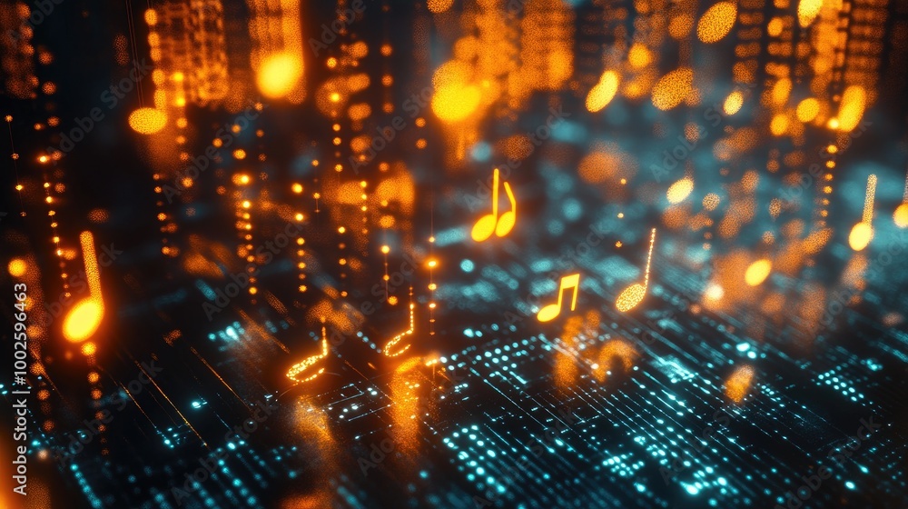 Poster futuristic digital image of 3d music notes floating in a glowing matrix of lights and patterns, repr