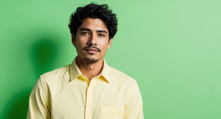 Obraz premium Calm Hispanic male model in a pale yellow shirt on a bright green background
