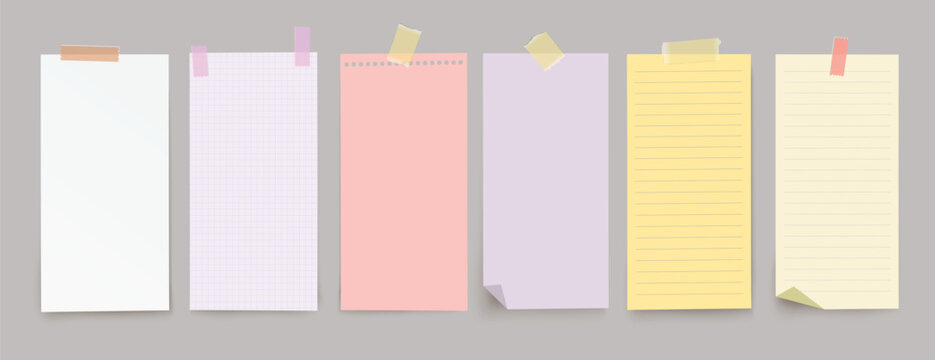 Set of vector realistic color note papers with adhesive tape on transparent background.