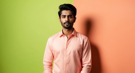 Fototapeta premium Composed South Asian male model in a light coral shirt with a bright green backdrop