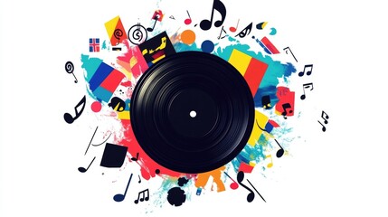 High-res image of a vinyl record with music notes and world flags swirling around, celebrating International Music Day global sound.