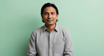 Fototapeta premium Content Indigenous man in a soft gray shirt set against a mint green background