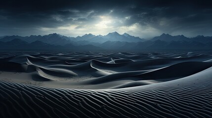 Minimal dark wallpaper. Black mountain with grey clouds, sand dunes, sombre, moody 4k background.  