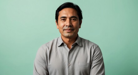 Obraz premium Content Indigenous man in a soft gray shirt set against a mint green background