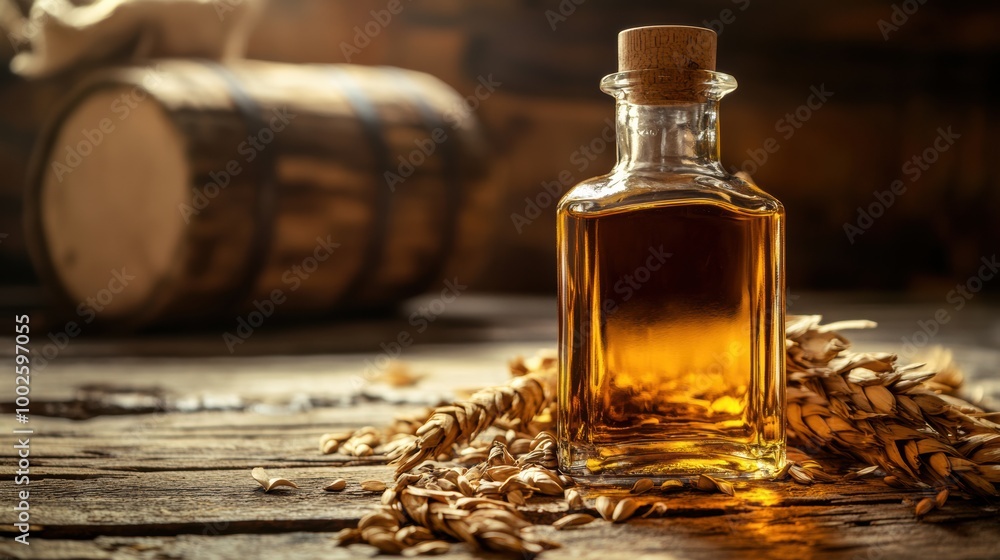 Poster Close-up view of a whiskey bottle with grains on a rustic wooden table in a cozy tavern setting, capturing the essence of distillation. Generative AI