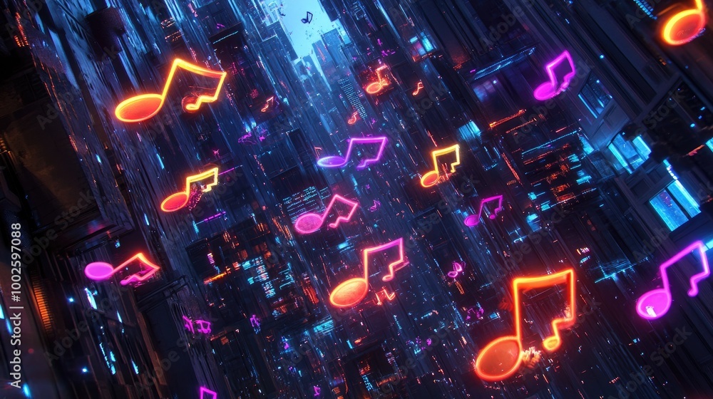 Poster high-res image of neon music notes floating through a dark, futuristic cityscape, blending sound and