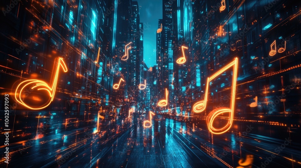 Poster high-res image of neon music notes floating through a dark, futuristic cityscape, blending sound and