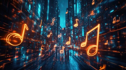 Fototapeta premium High-res image of neon music notes floating through a dark, futuristic cityscape, blending sound and urban energy into one dynamic digital composition.