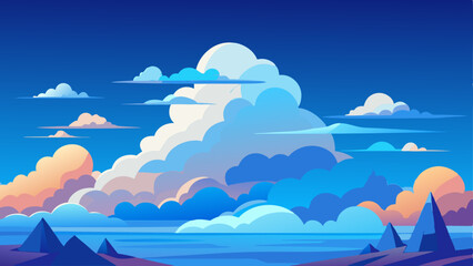 A beautiful sunset sky with fluffy orange and pink clouds and a mountains with sea in the background. The sky is filled with clouds, and the mountain is in the distance. The scene is peaceful and sere