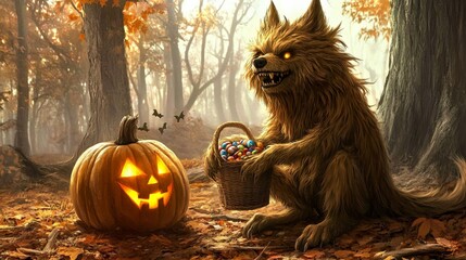 A furry, toothy creature holds a basket of candy in a spooky forest setting.