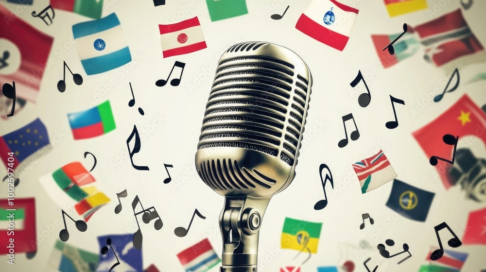 Poster high-resolution image of a microphone surrounded by floating world flags and music notes, celebratin