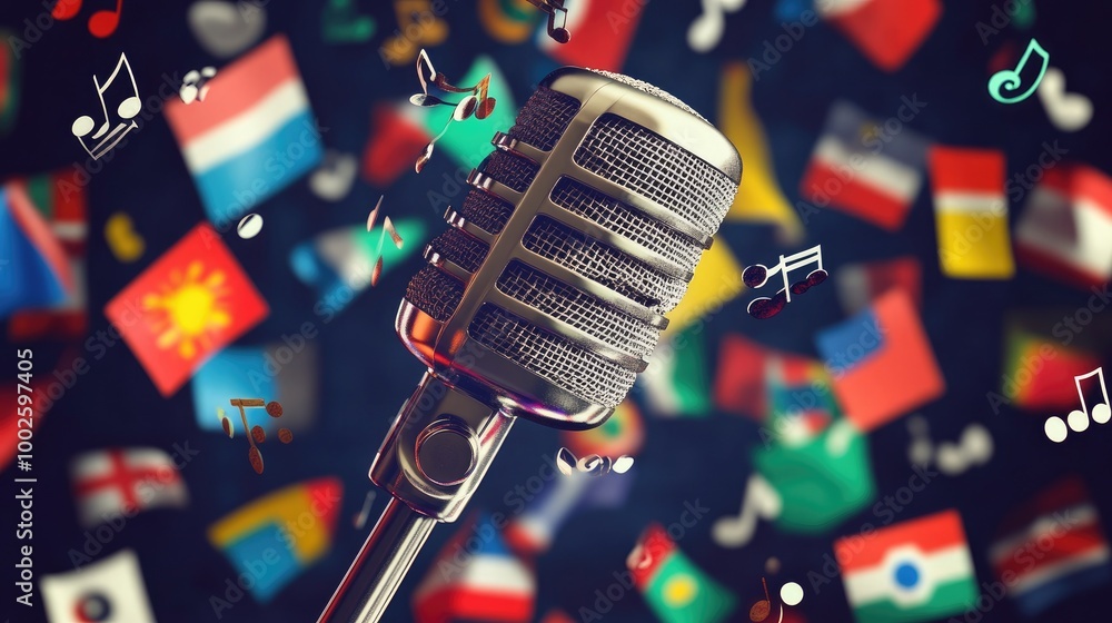 Poster high-resolution image of a microphone surrounded by floating world flags and music notes, celebratin