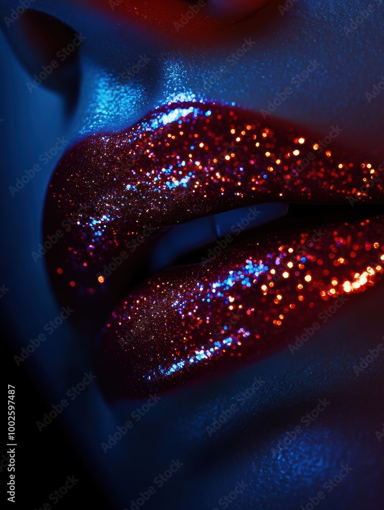 Poster close-up of glossy lipstick on vibrant lips highlighted by dramatic lighting, showcasing a reflectiv