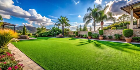 Obraz premium Lush artificial grass enhances a vibrant outdoor space, offering a pristine environment ideal for recreational